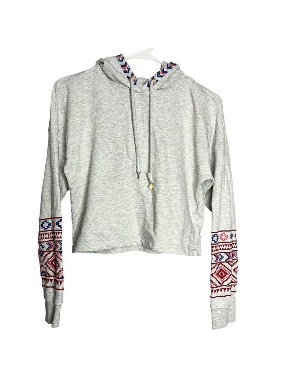 Only Cropped Hooded Sweatshirt Embroidered Aztec Southwestern Print, size XS